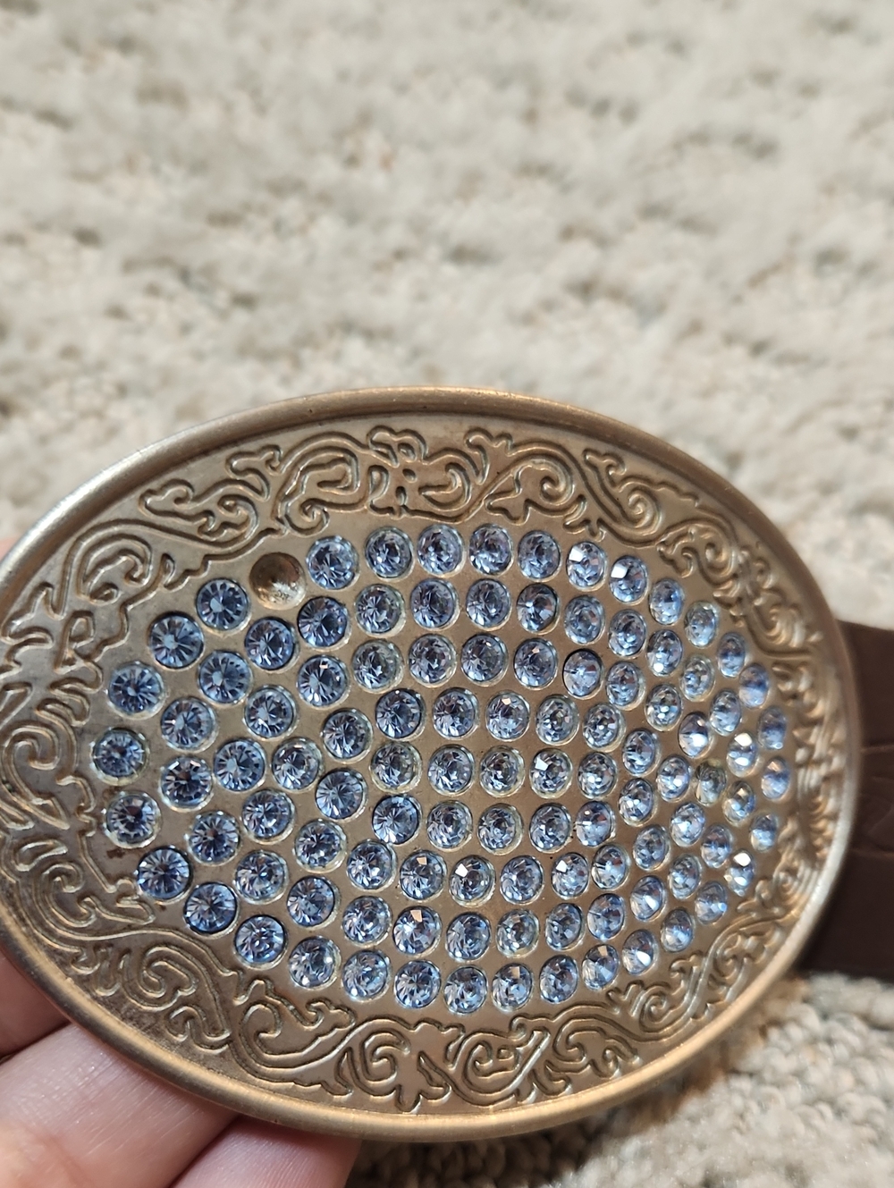 Abercrombie & Fitch Brown Leather Belt Decorative Blue Rhinestone Silver Buckle - Picture 13 of 14